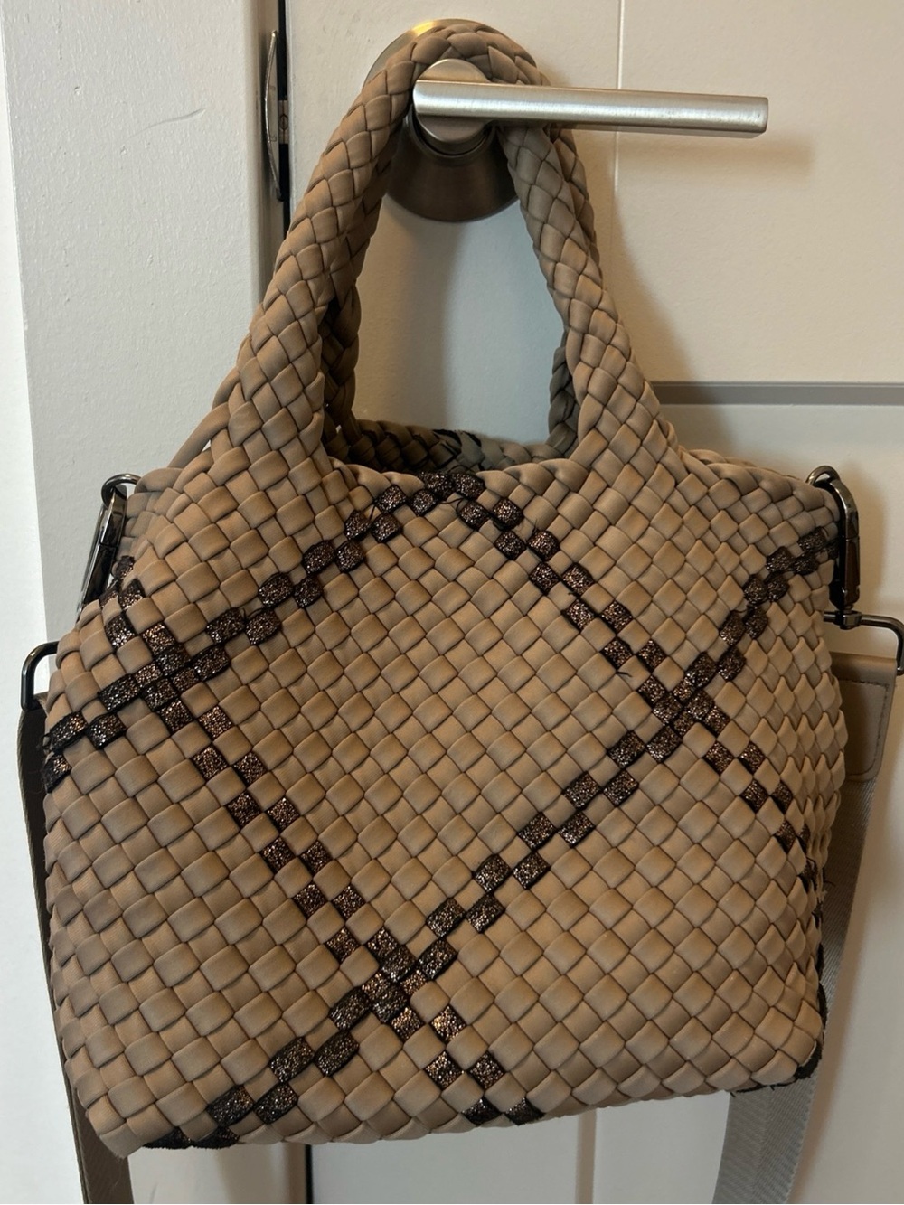 Naghedi Taupe Braided Shoulder Bag with Black Accents